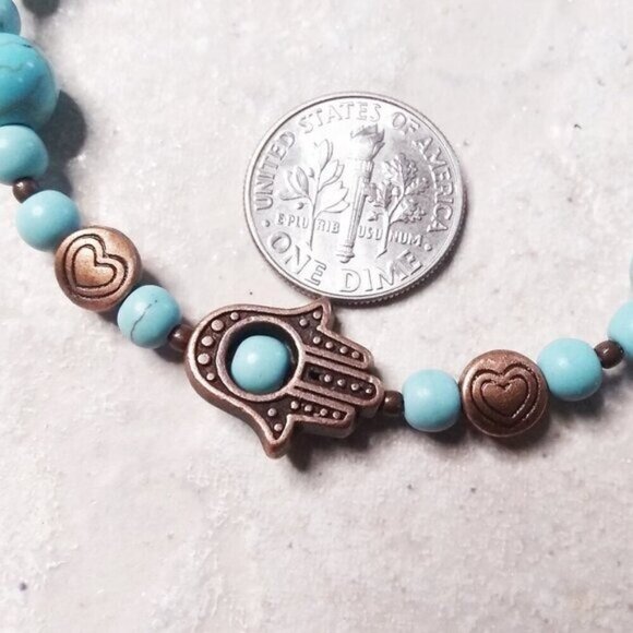 Hamsa Hand Blessings Bracelet! 7.5-8" Wrists! Turquoise Howlite + Copper Beads! - Picture 4 of 8